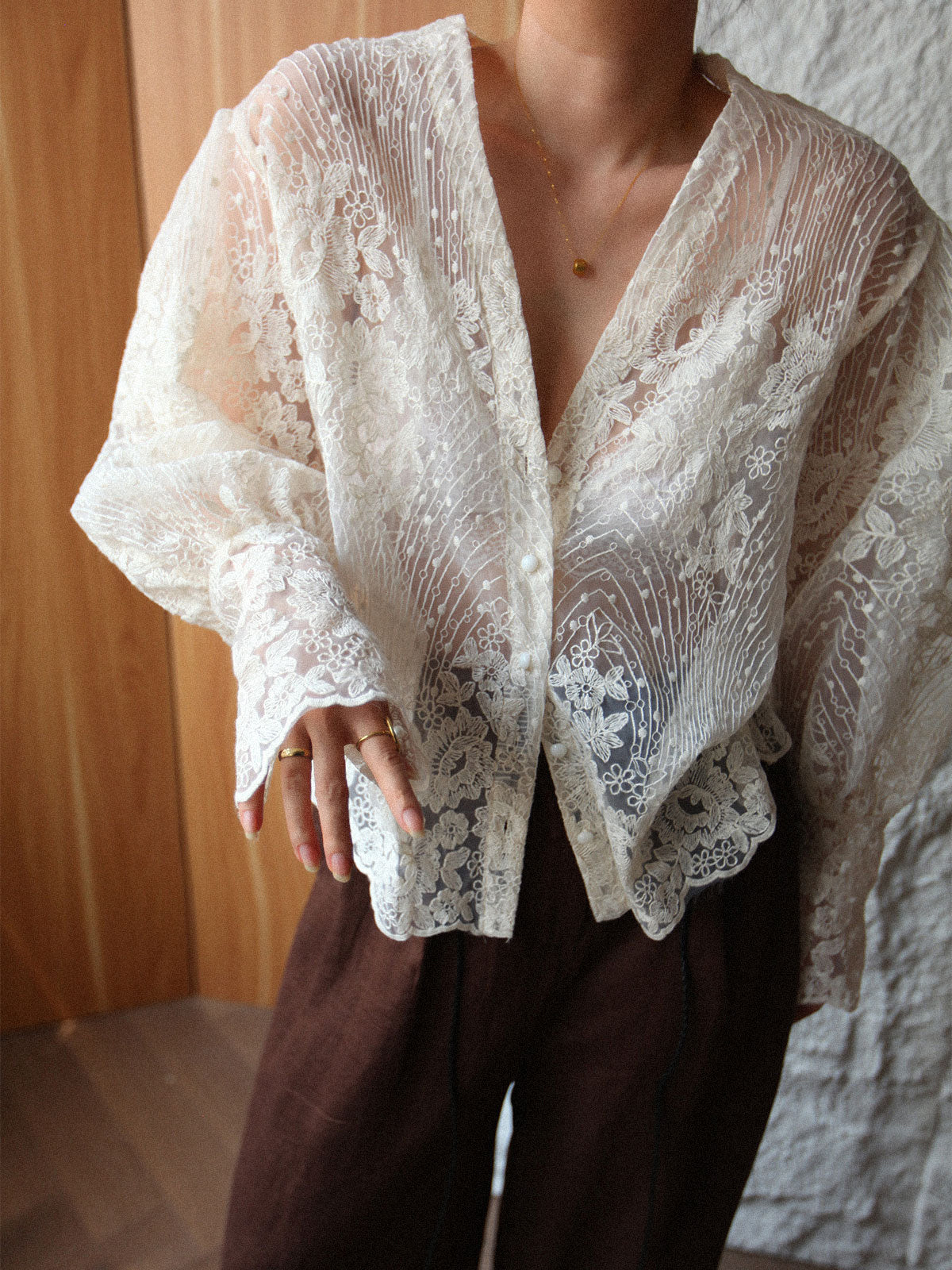 V-Neck Button Floral Sheer Shirt