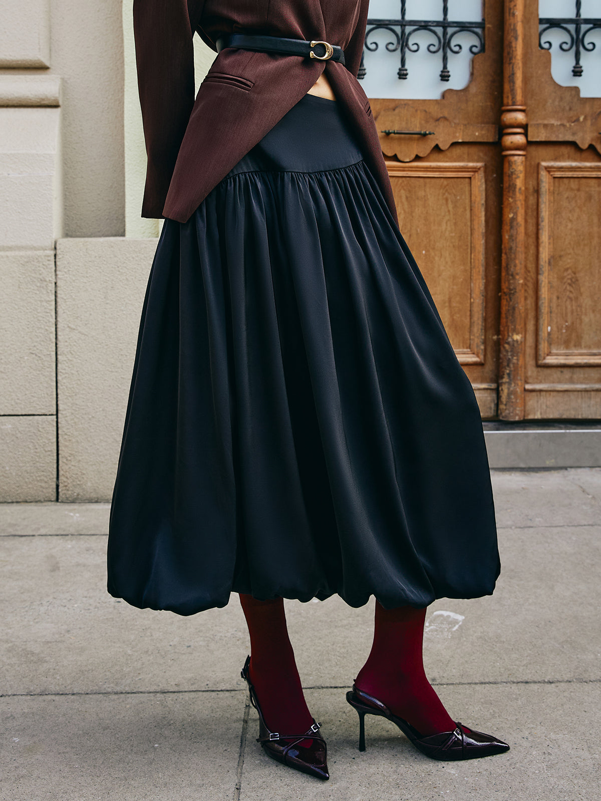 Bud Waist Pleated Satin Skirt