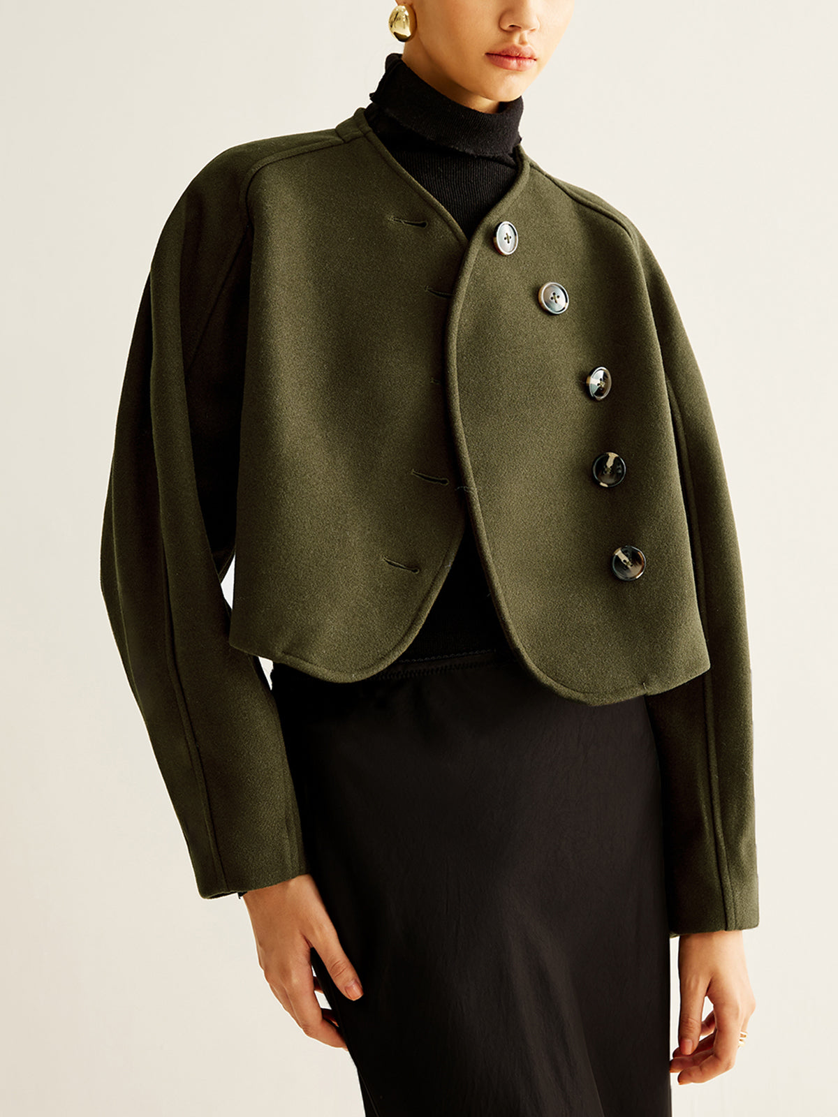 Asymmetrical Button Crop Tweed Coat