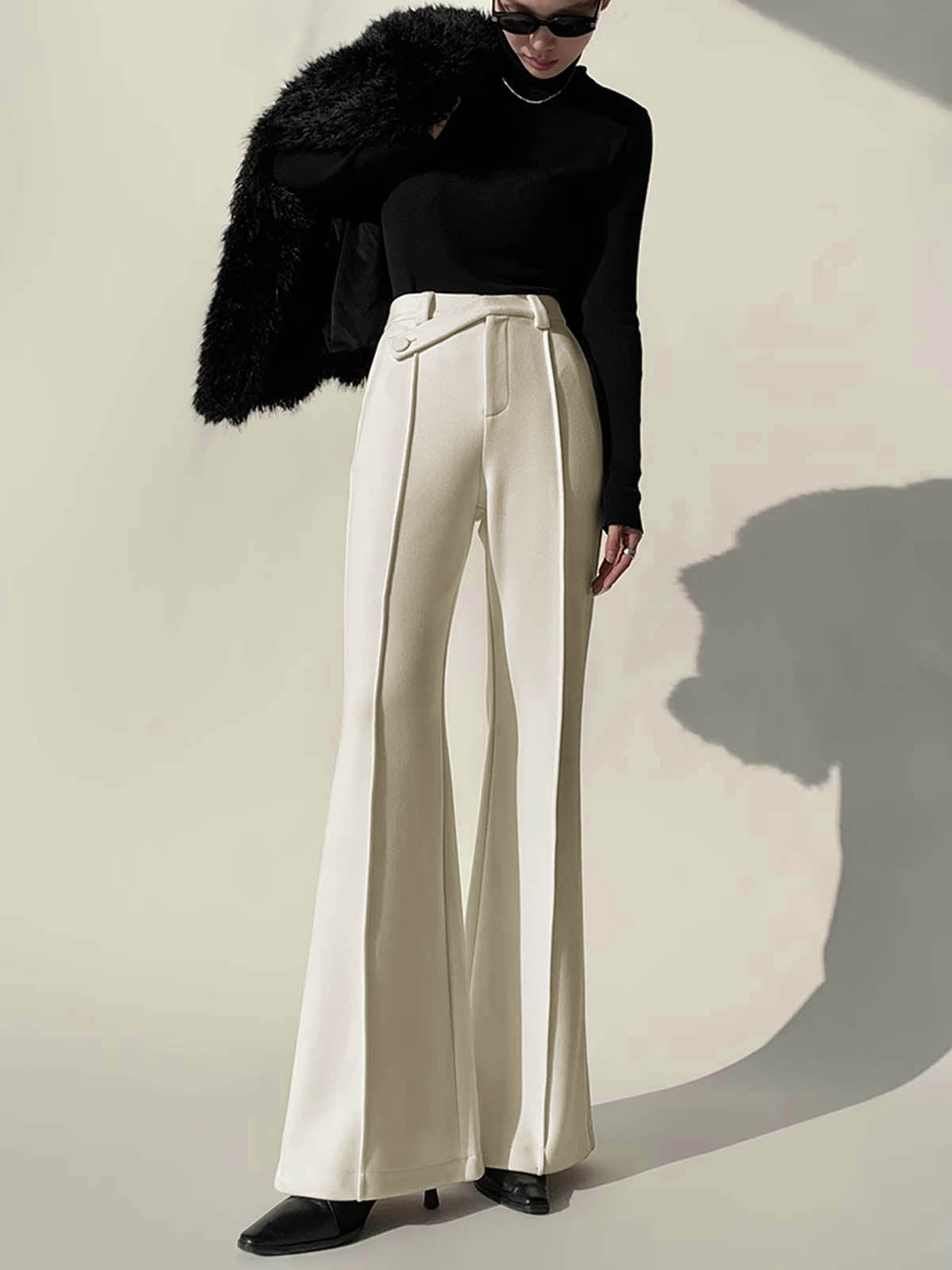 Plain High-Waist Piping Pants