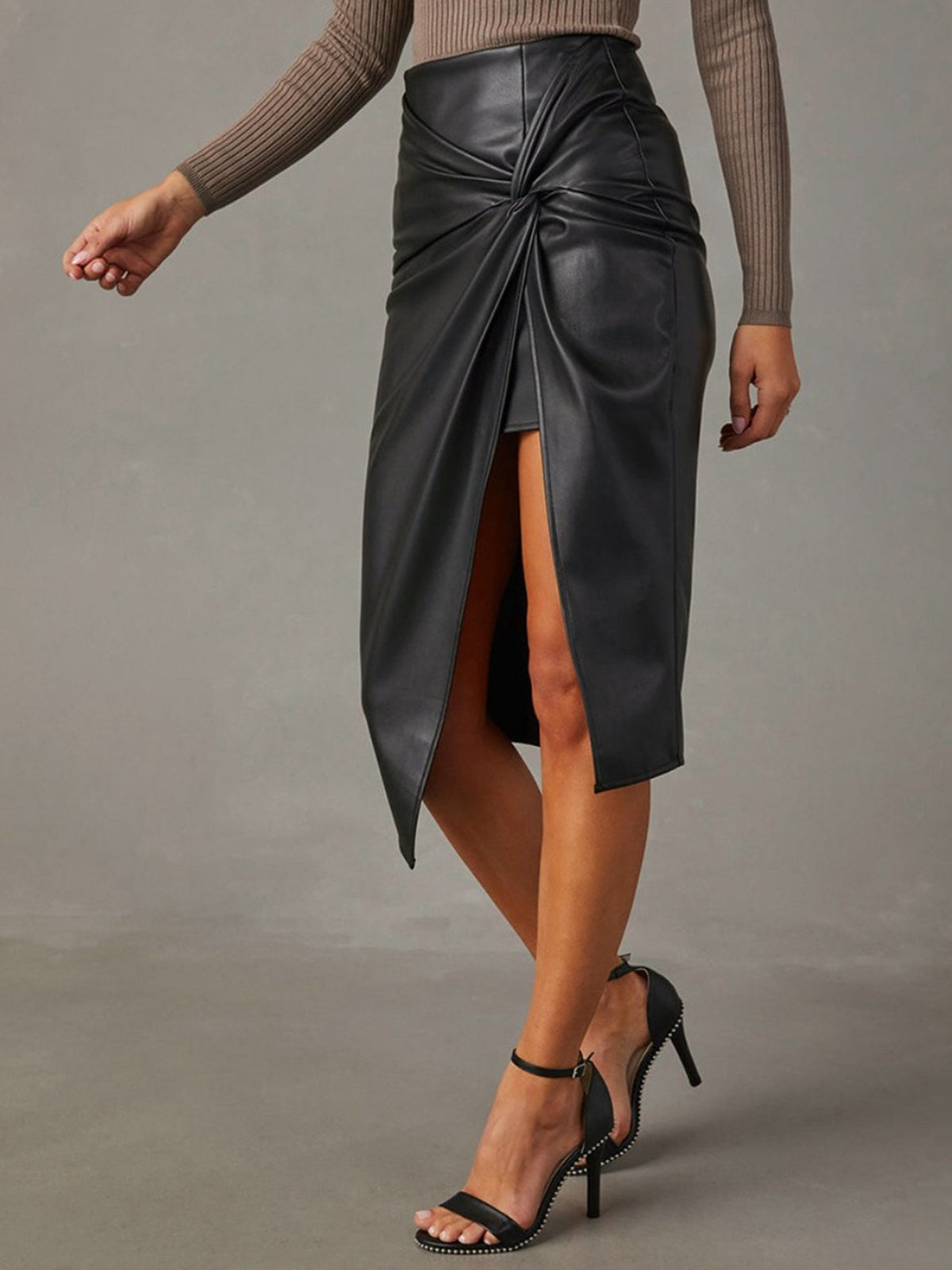 Knotted Slit Faux Leather Skirt