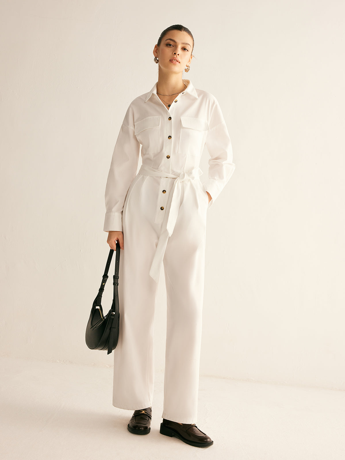 Minimalist Button Polo Jumpsuit With Belt