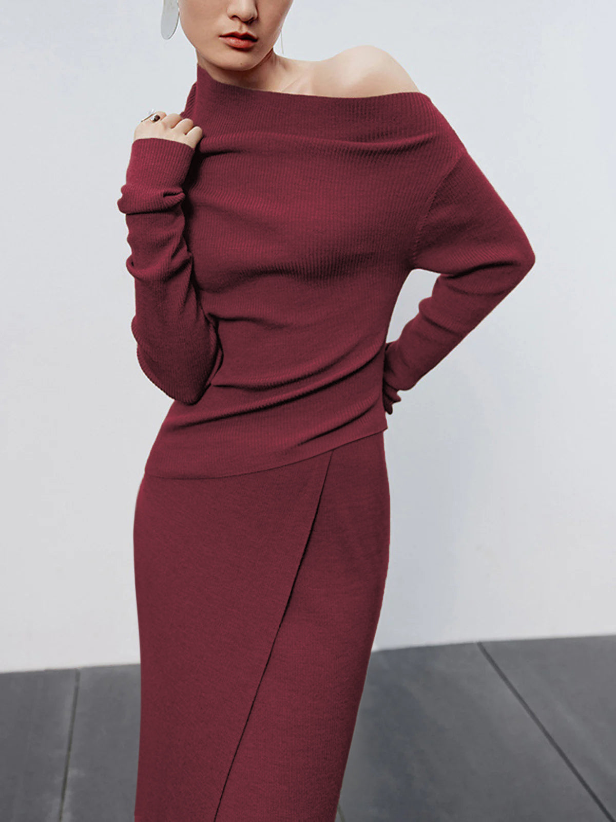 Caramel Asymmetric Neckline Long Sleeve Knit Top