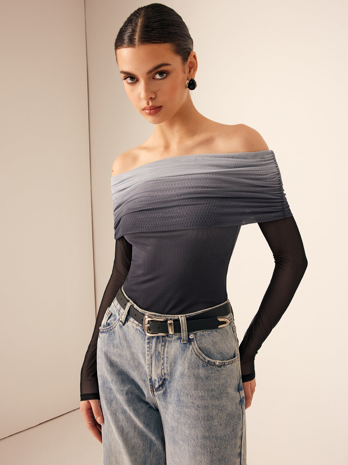 Mesh Ruched Off Shoulder Ombre Blouse