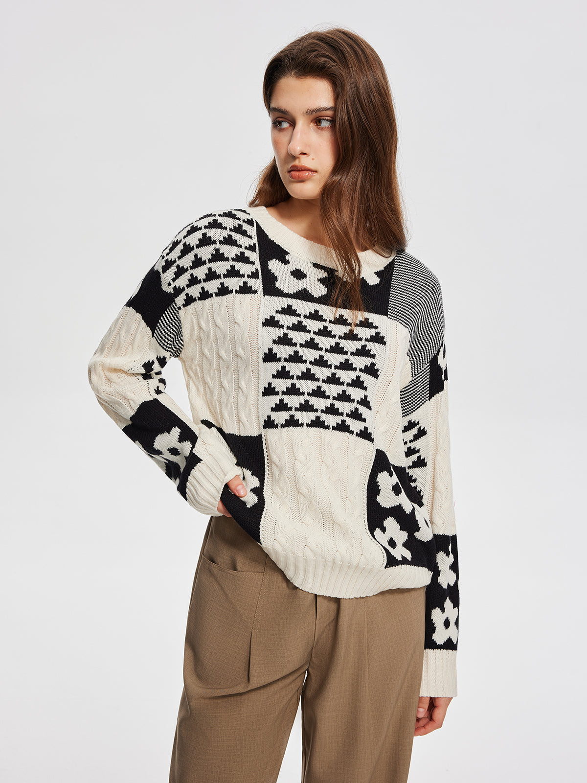 Color Block Cable-Knit Warm Sweater