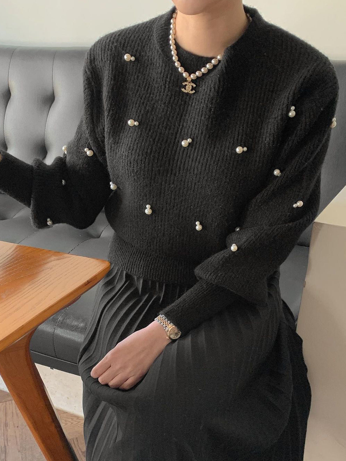 Pearl Beaded Cinched Sweater