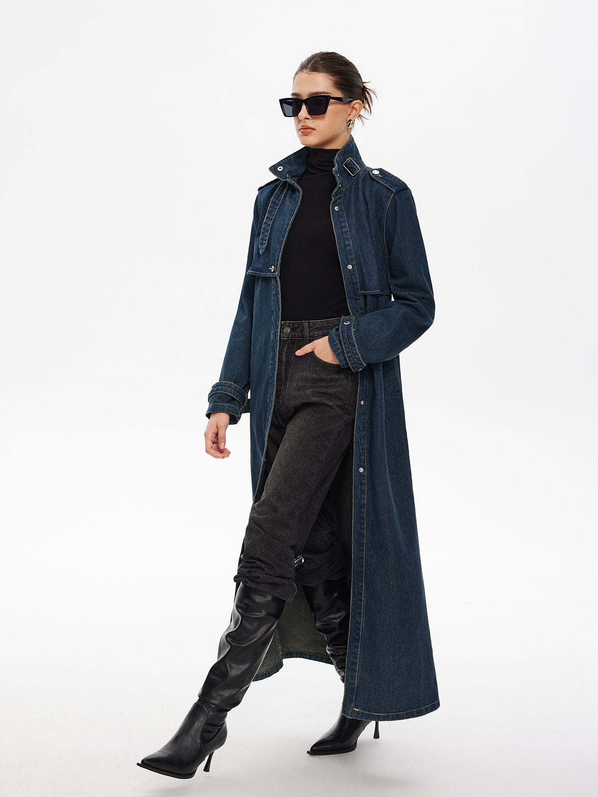 Button Belted Denim Long Coat