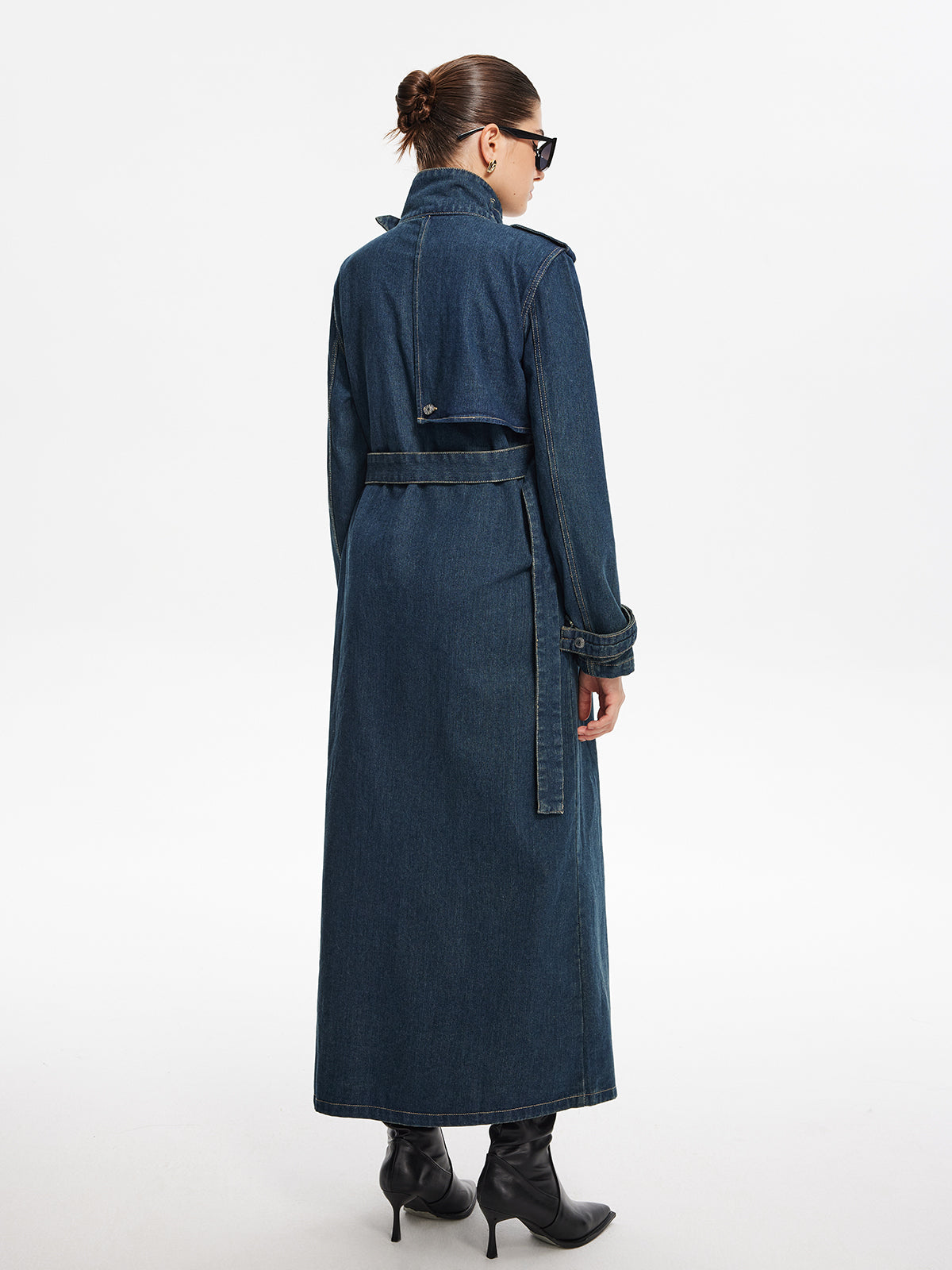 Button Belted Denim Long Coat