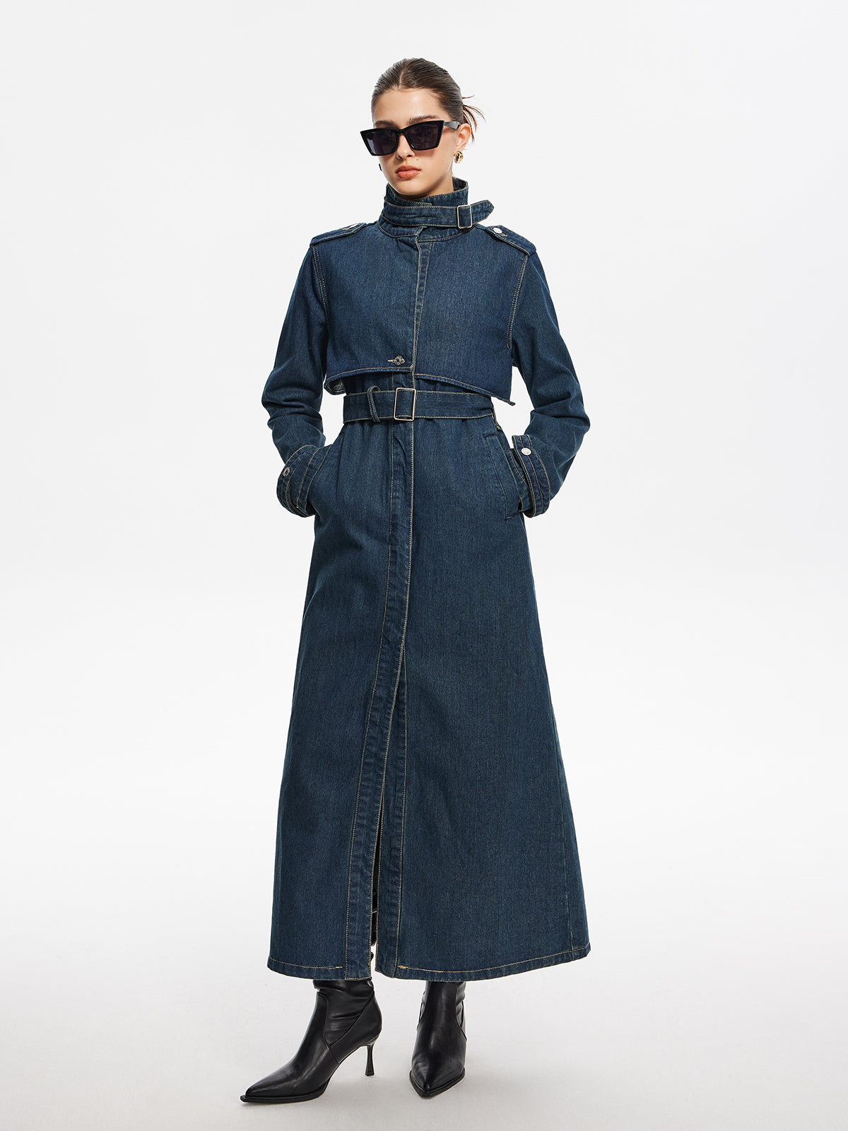 Button Belted Denim Long Coat