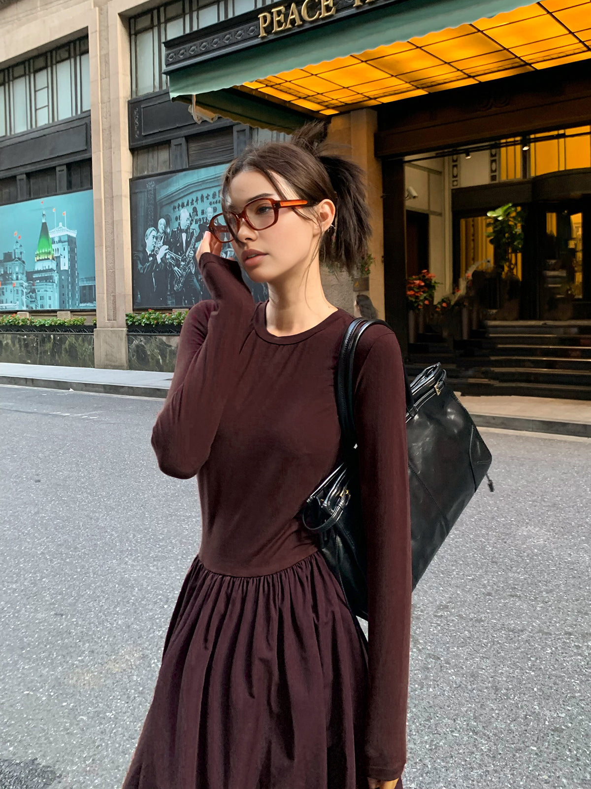 Plain Long Sleeve Pleated Dress