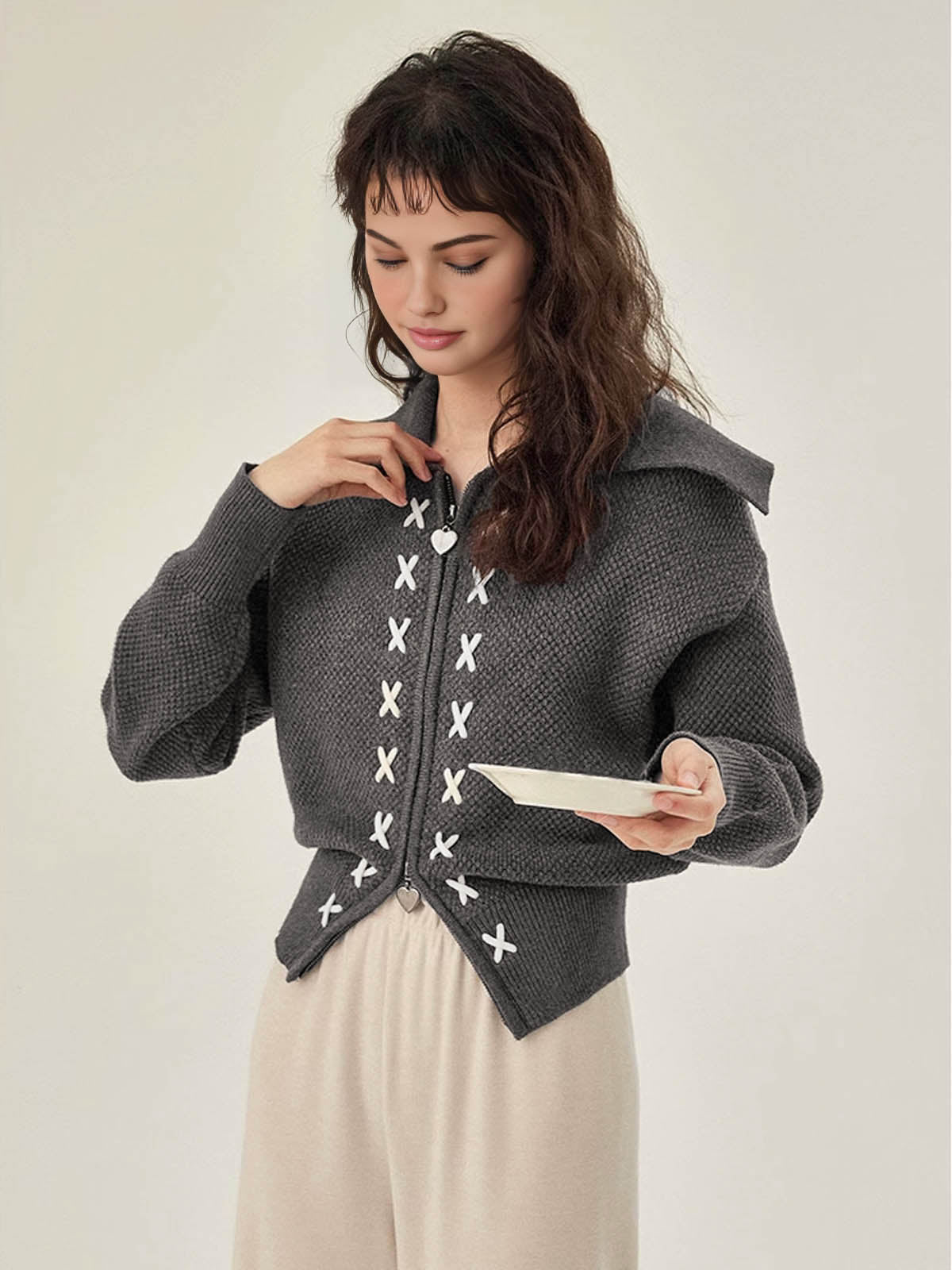 Sailor Collar Two-Way Zipper Cardigan