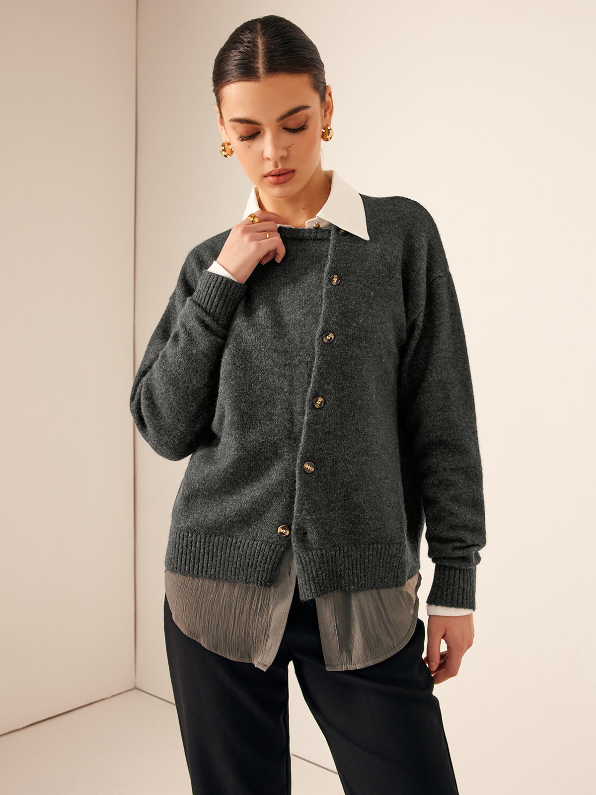 Asymmetrical Button-Down Crew Neck Cardigan