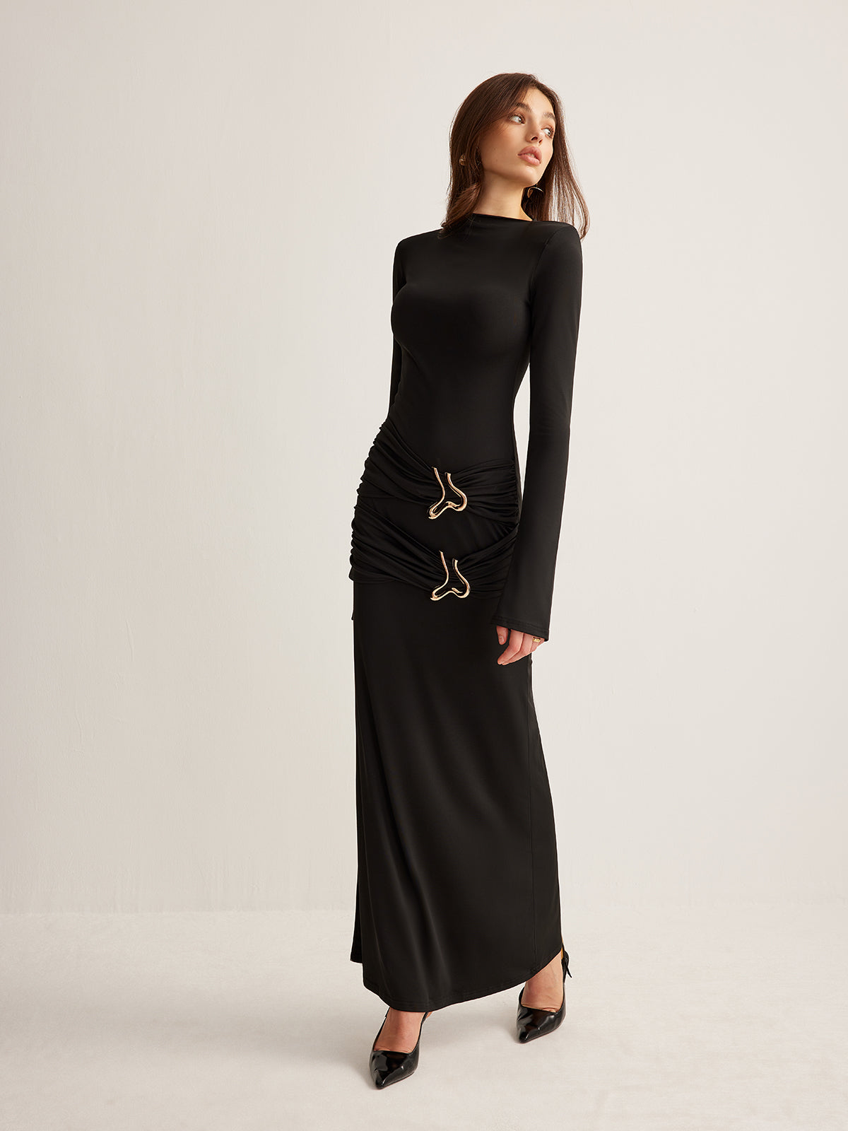 Metal-Ring Pleated Jersey Dress