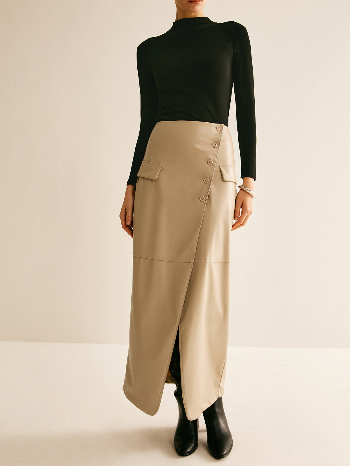 Asymmetrical Button Faux Leather Skirt