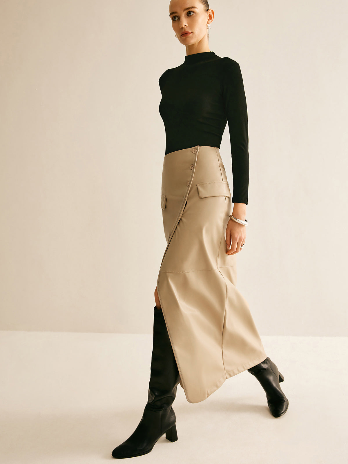 Asymmetrical Button Faux Leather Skirt