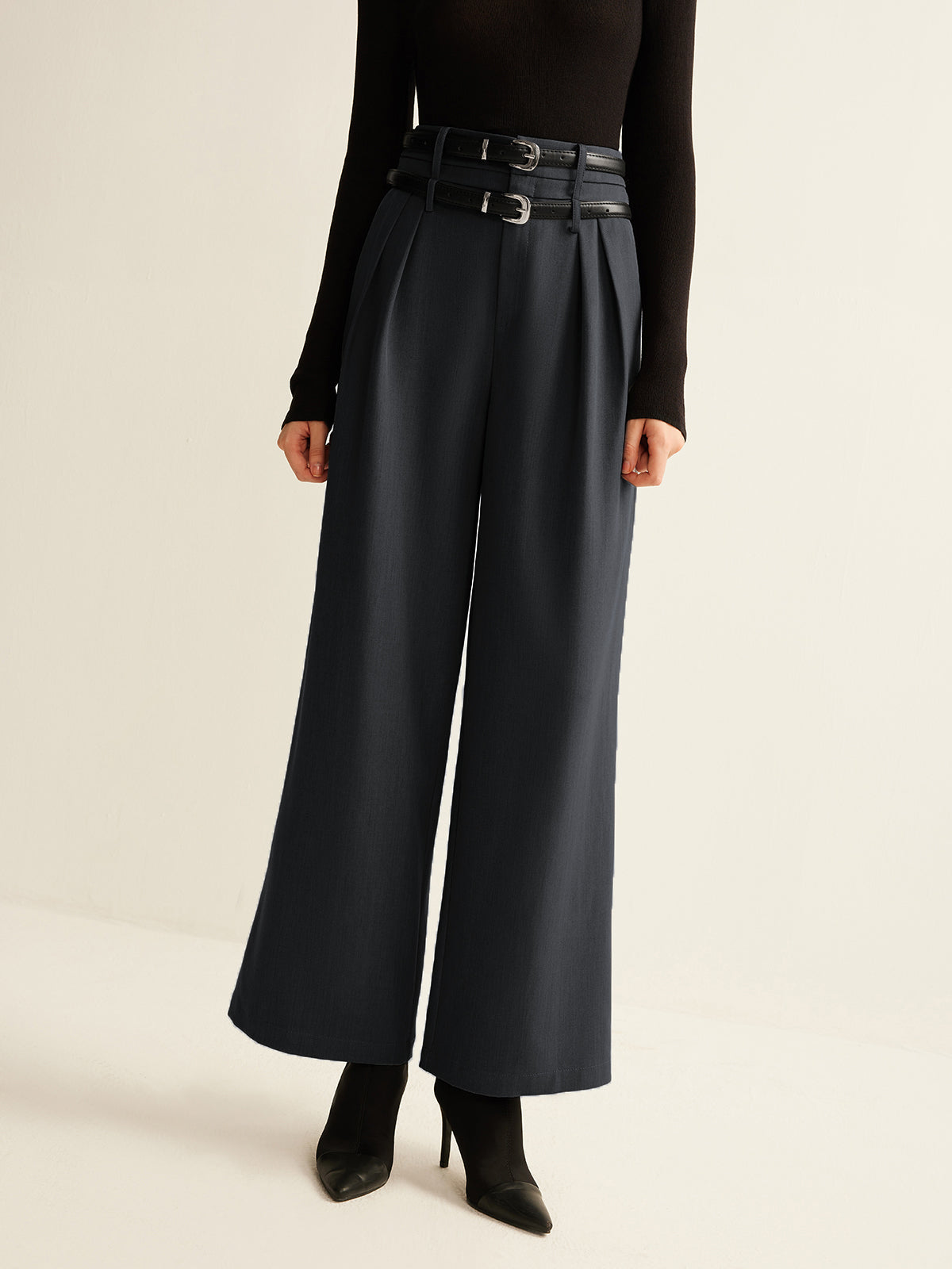 Double-Belt Pleated Straight Pants