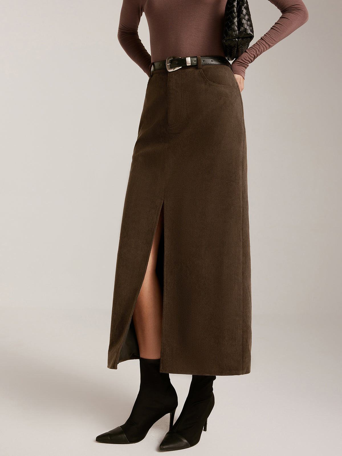 Corduroy Split Belted Midi Skirt