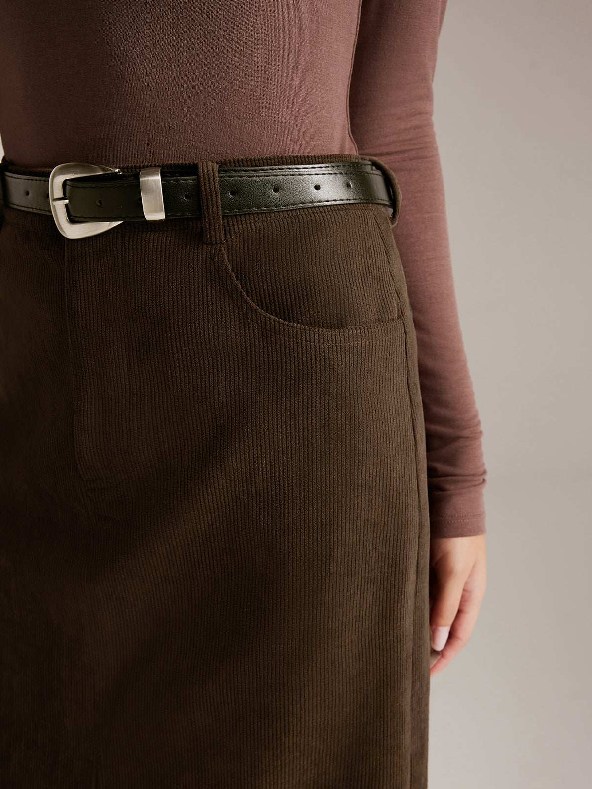 Corduroy Split Belted Midi Skirt