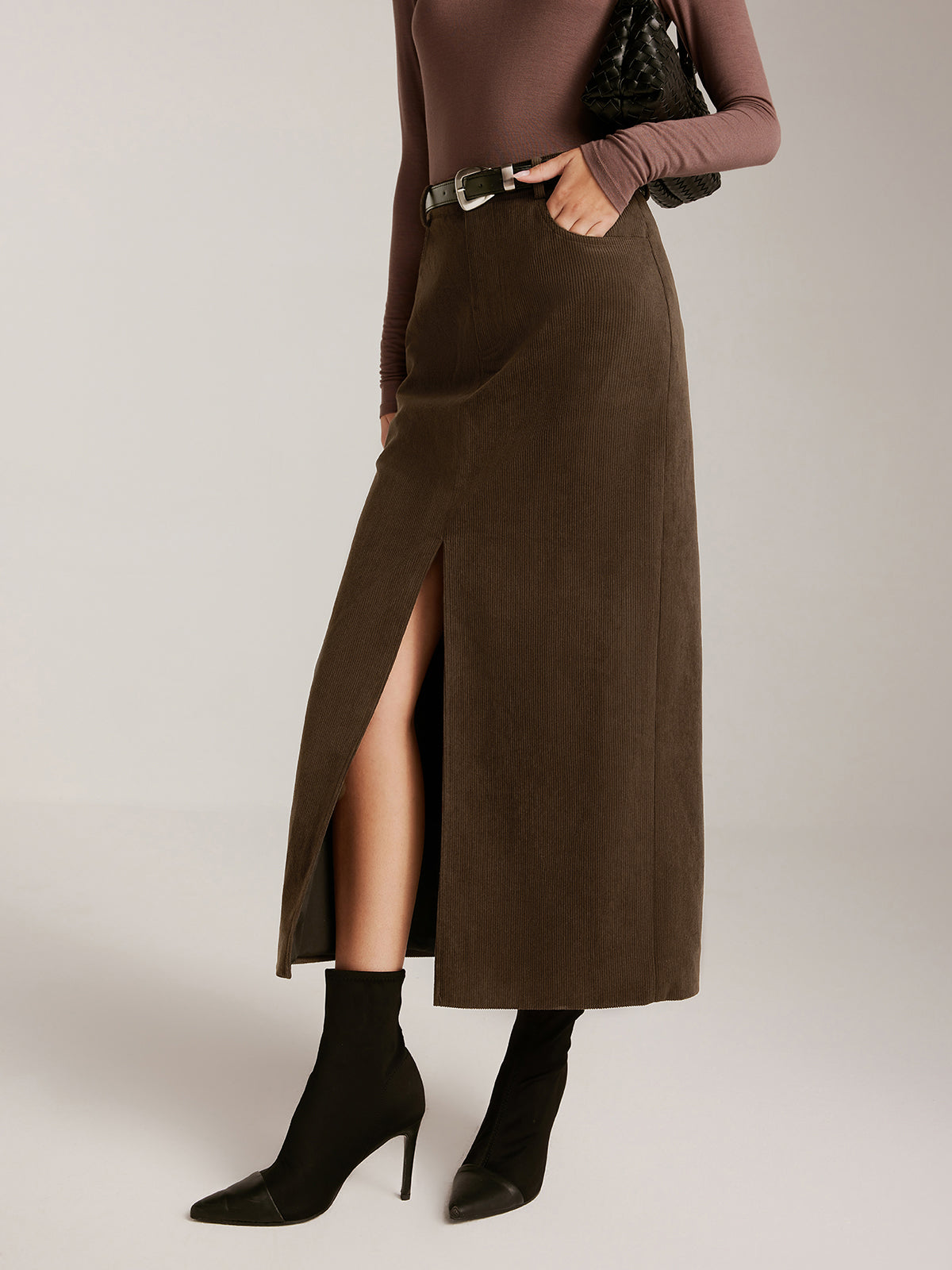 Corduroy Split Belted Midi Skirt