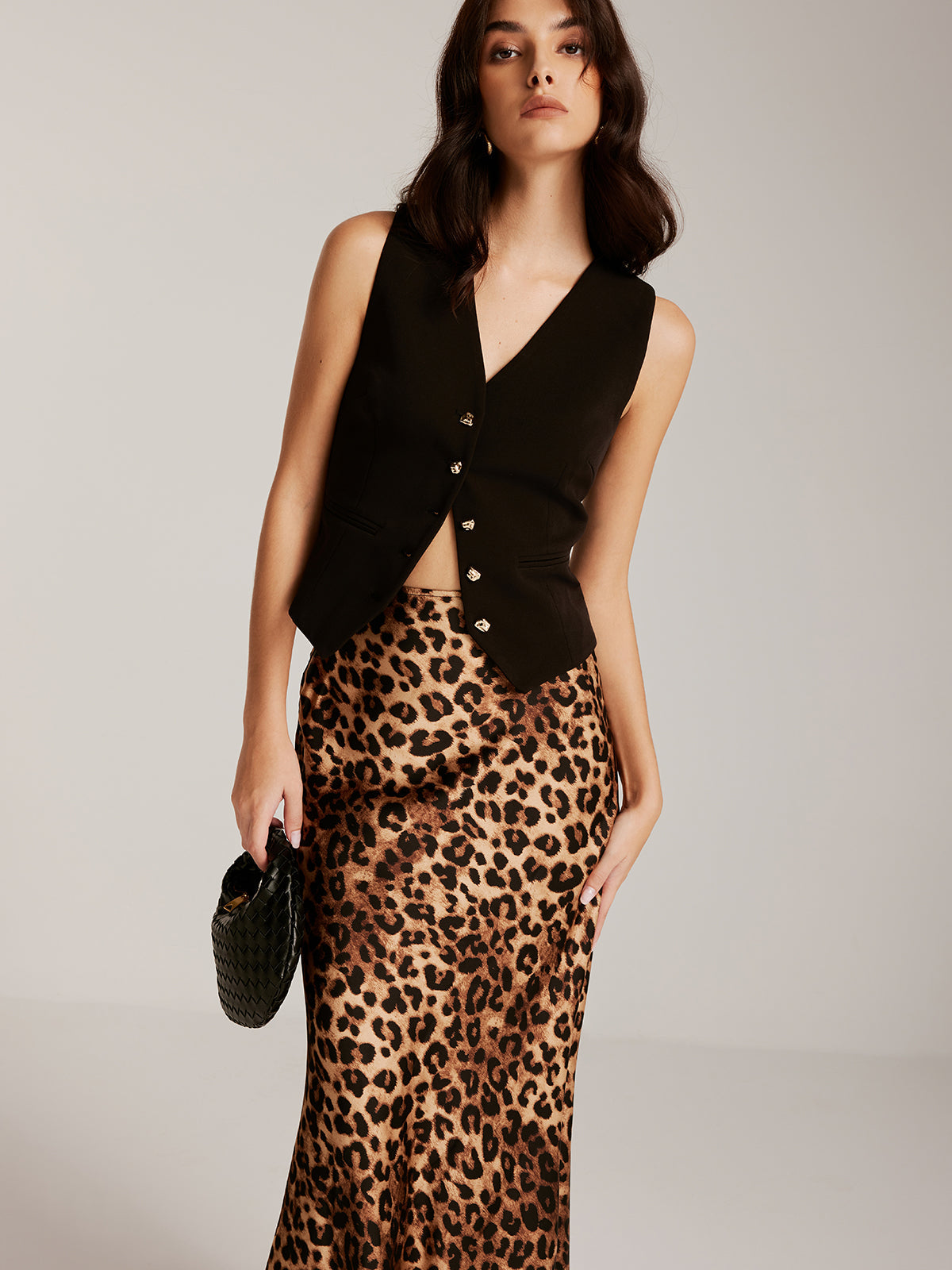 Metal-Button Vest With Leopard Zipper Skirt Set