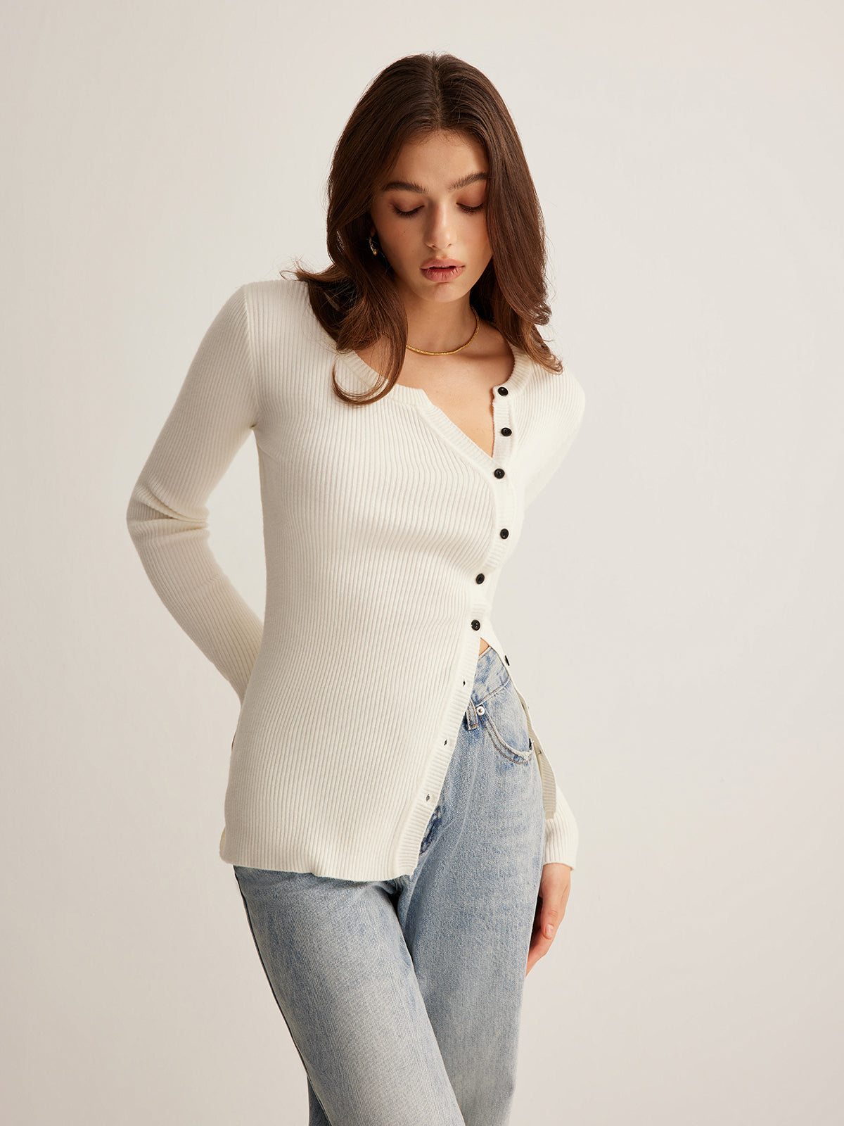 Plain Asymmetrical Breasted Sweater