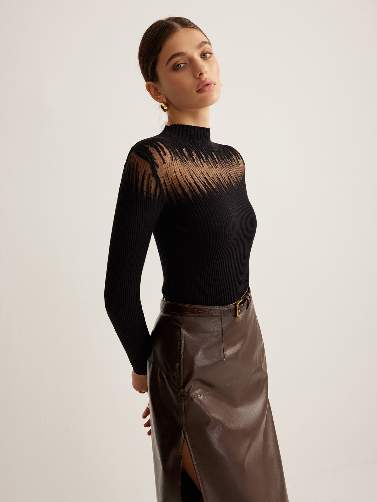 Mock Neck Sheer Panel Knit Top