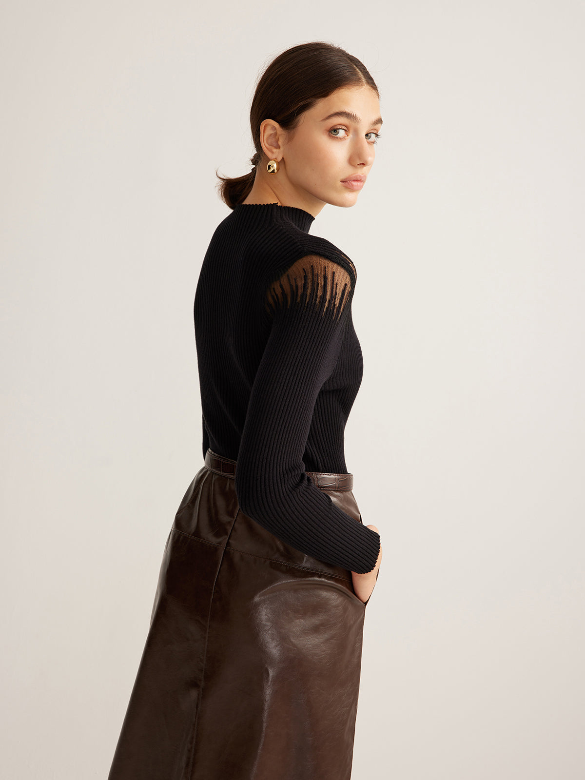 Mock Neck Sheer Panel Knit Top