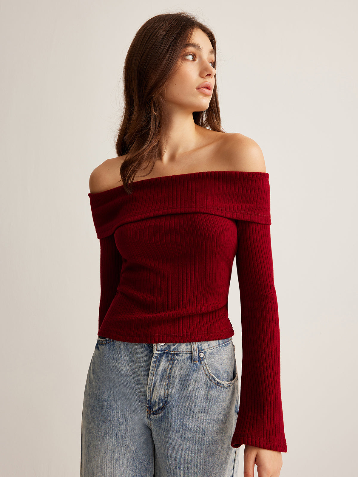 Off-Shoulder Ribbed Slim Top