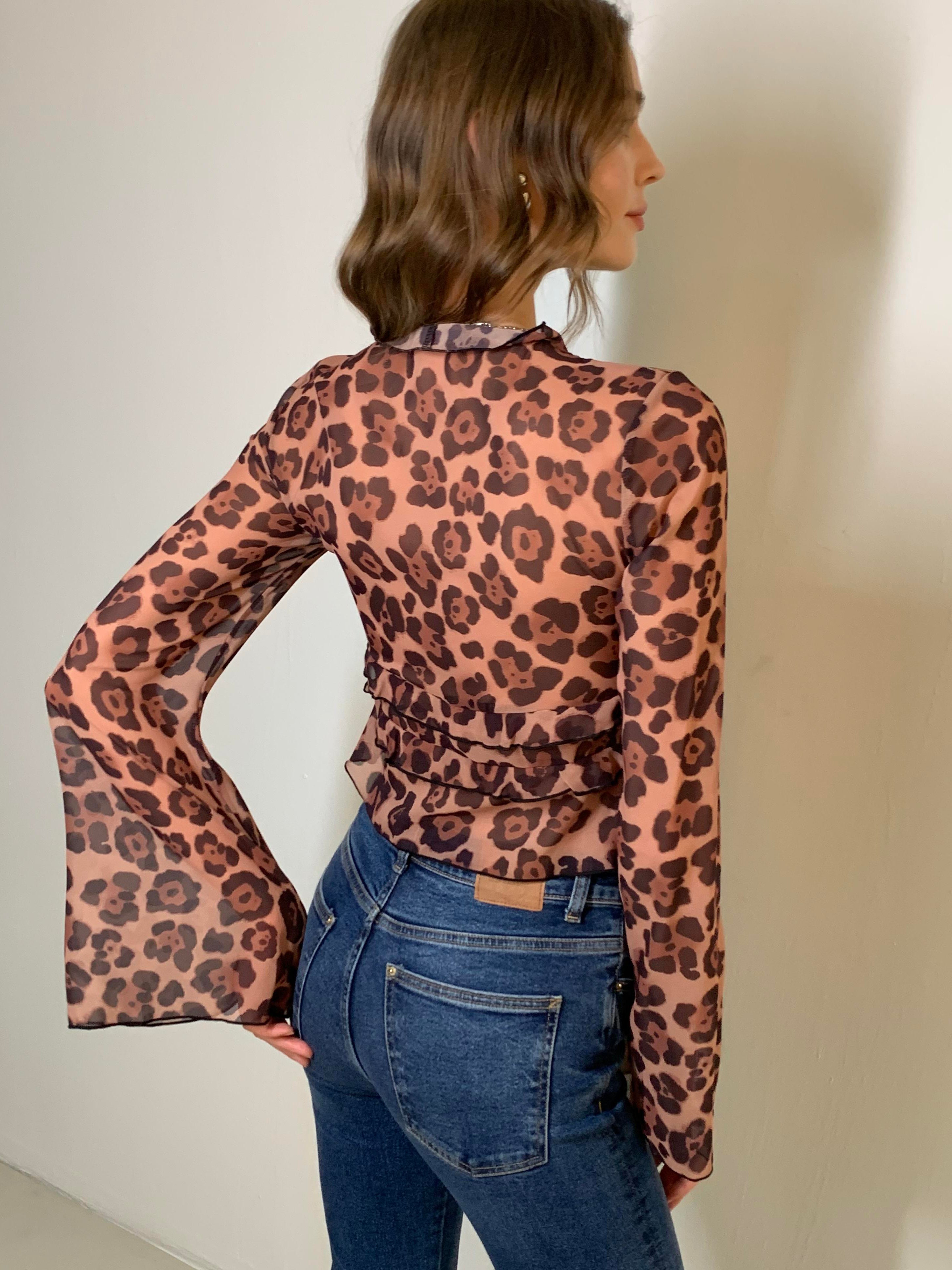 Leopard Print Semi-Sheer Ruffle V-neck Shirt