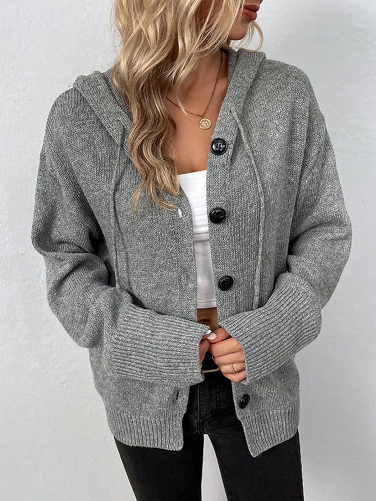 Button Drawstring Hooded Cardigan