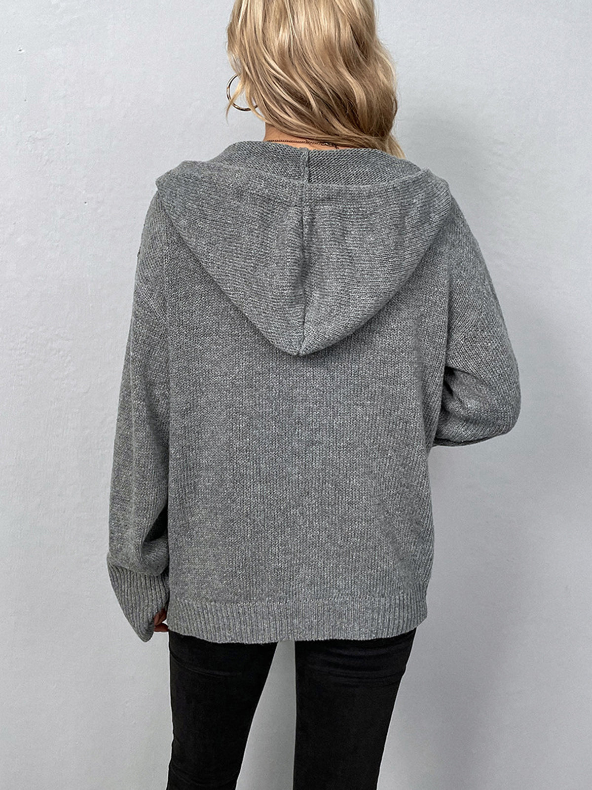 Button Drawstring Hooded Cardigan