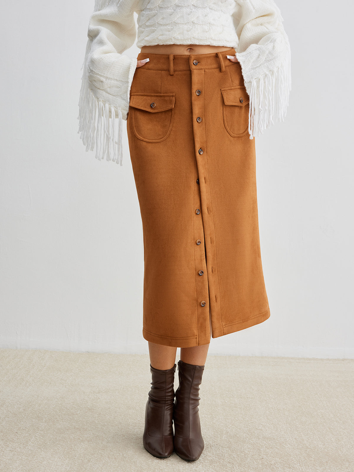 Button Suede Pockets Skirt