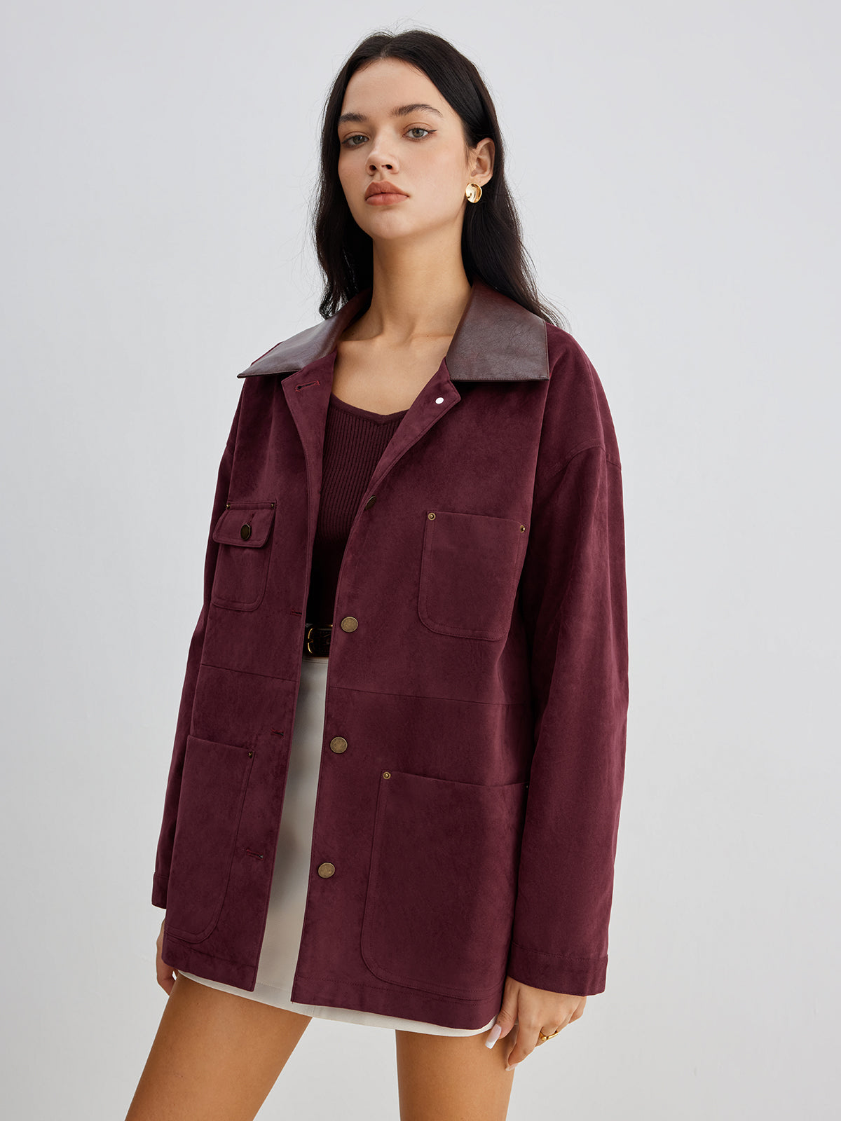 Suede Contrast Collar Pockets Jacket