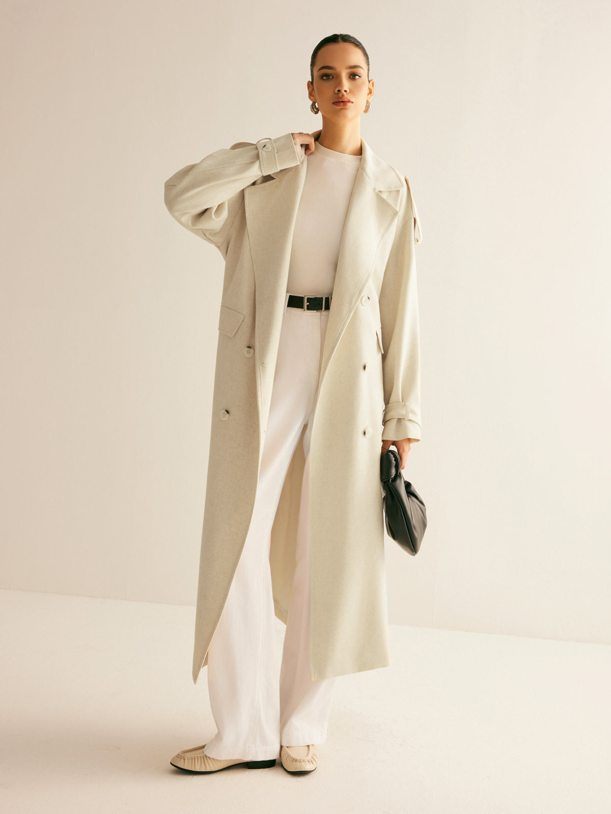 Lapel Pockets Belted Trench Coat