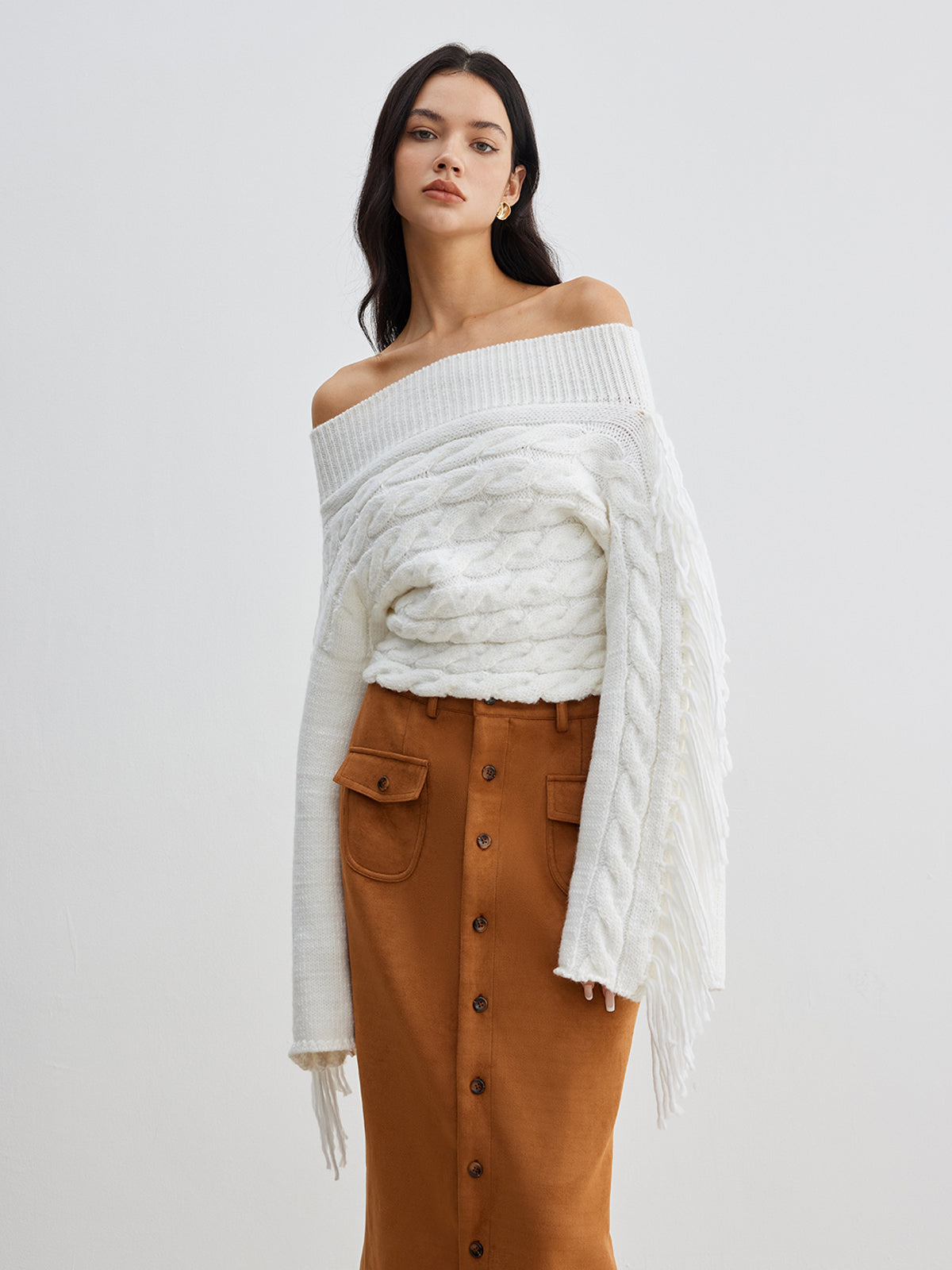 Beheme Off-Shoulder Tassel Sweater