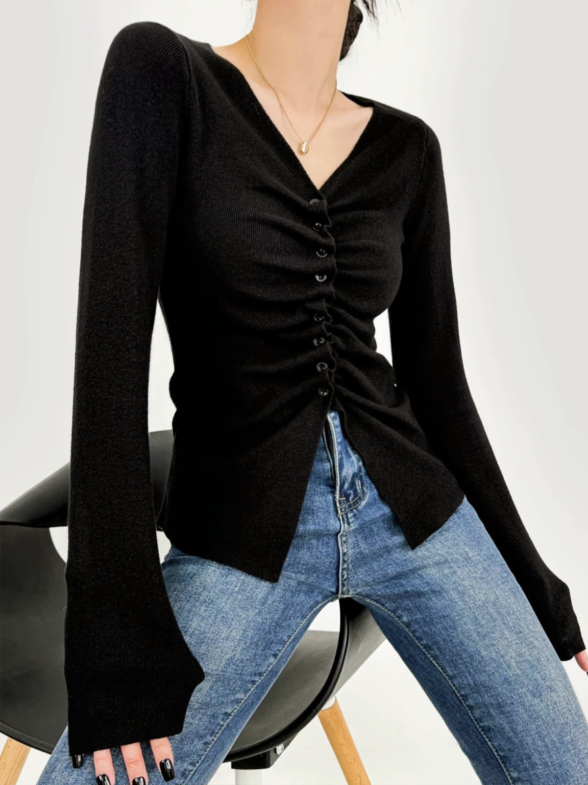 Elegant Button Pleated Knit Top