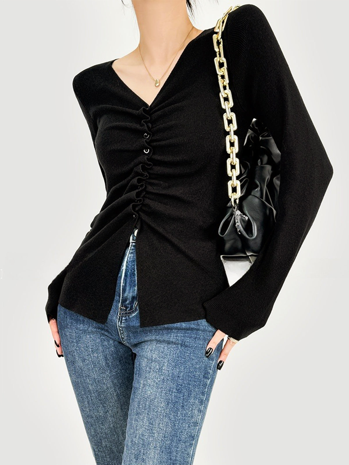 Elegant Button Pleated Knit Top