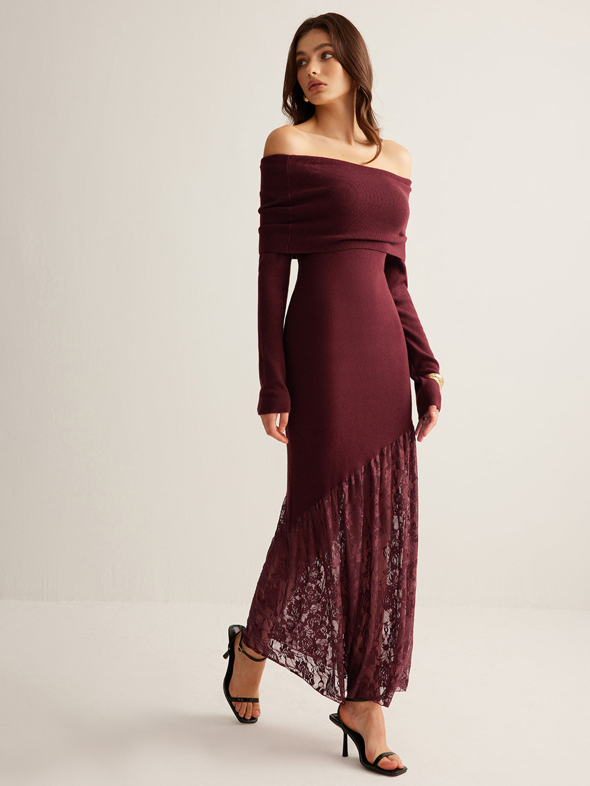 Off-Shoulder Lace Panel Sweater Dress