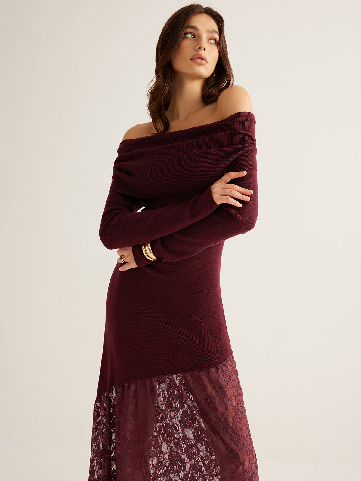 Off-Shoulder Lace Panel Sweater Dress