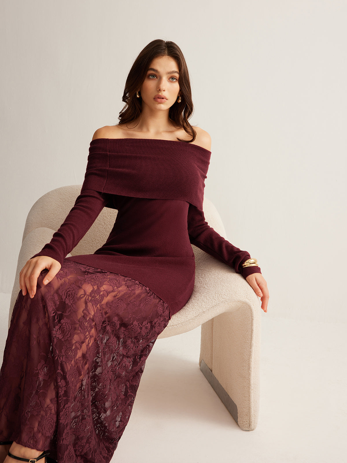 Off-Shoulder Lace Panel Sweater Dress