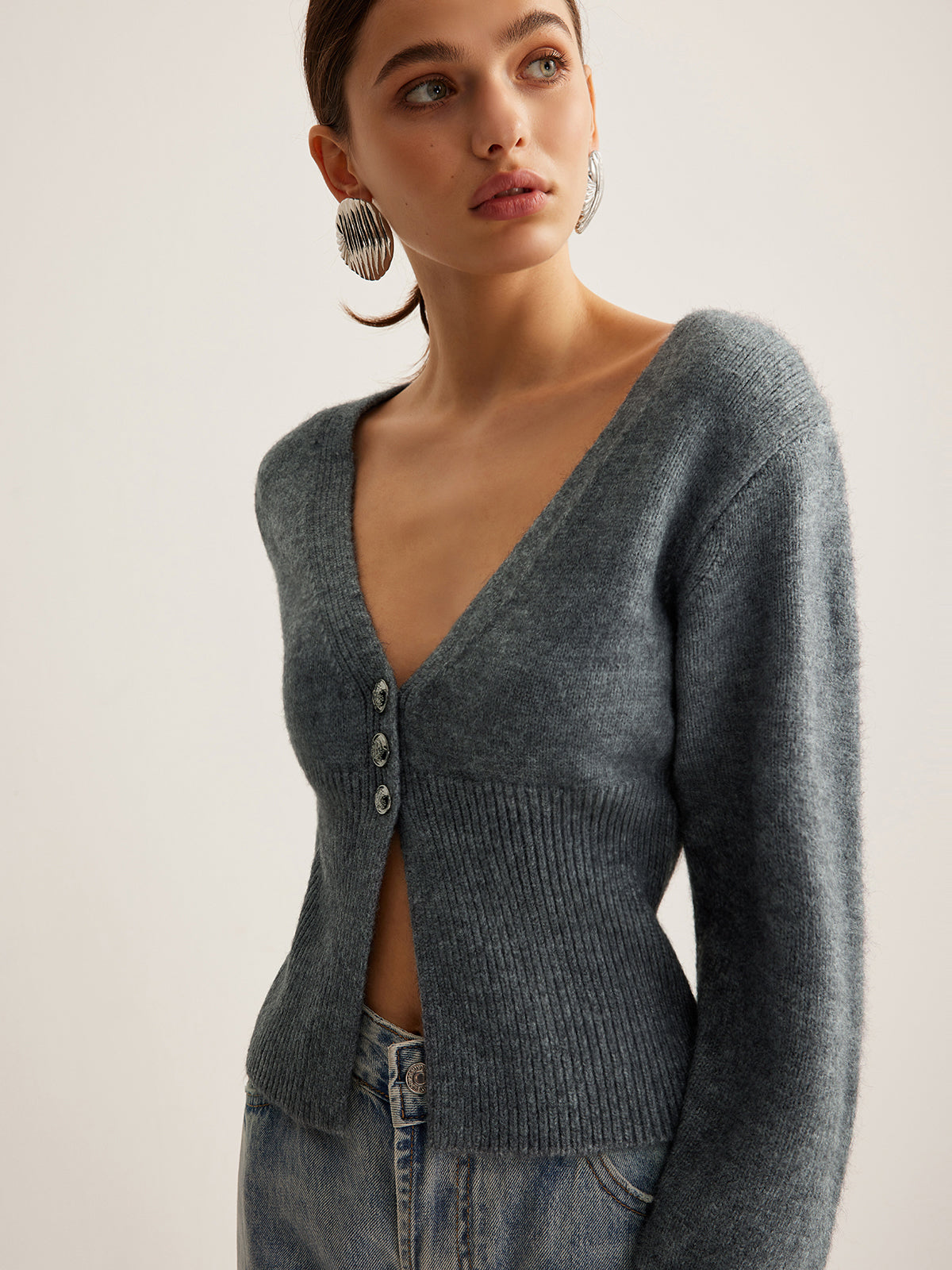 V-Neck Ribbed Split Slim Cardigan