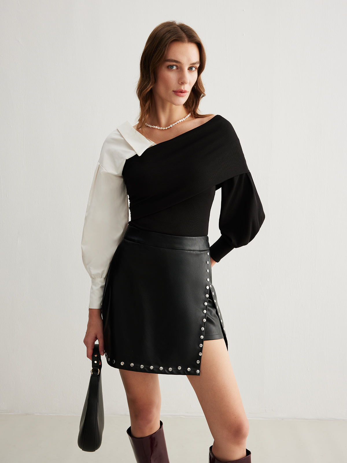 Slit Studded Faux Leather Mini Skirt