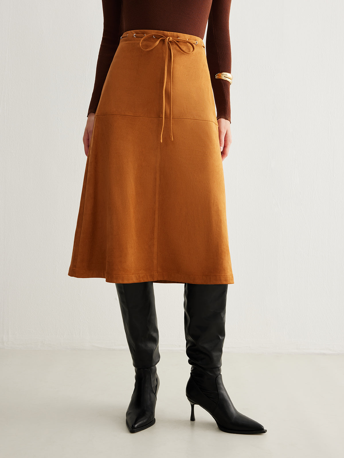 Drawstring Back-Zipper Suede Skirt