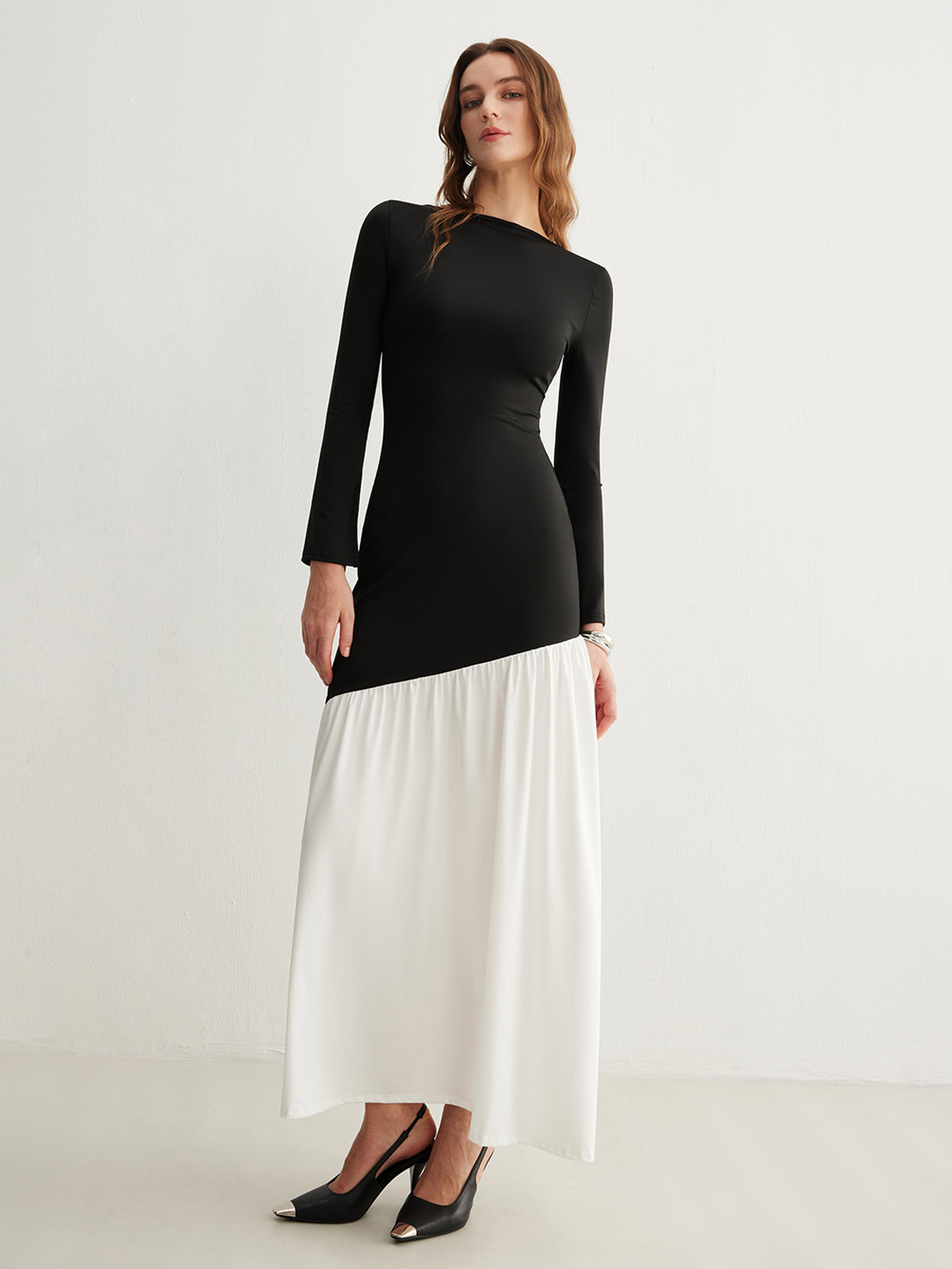 Two-Tone Chiffon Panel Jersey Pleated Dress