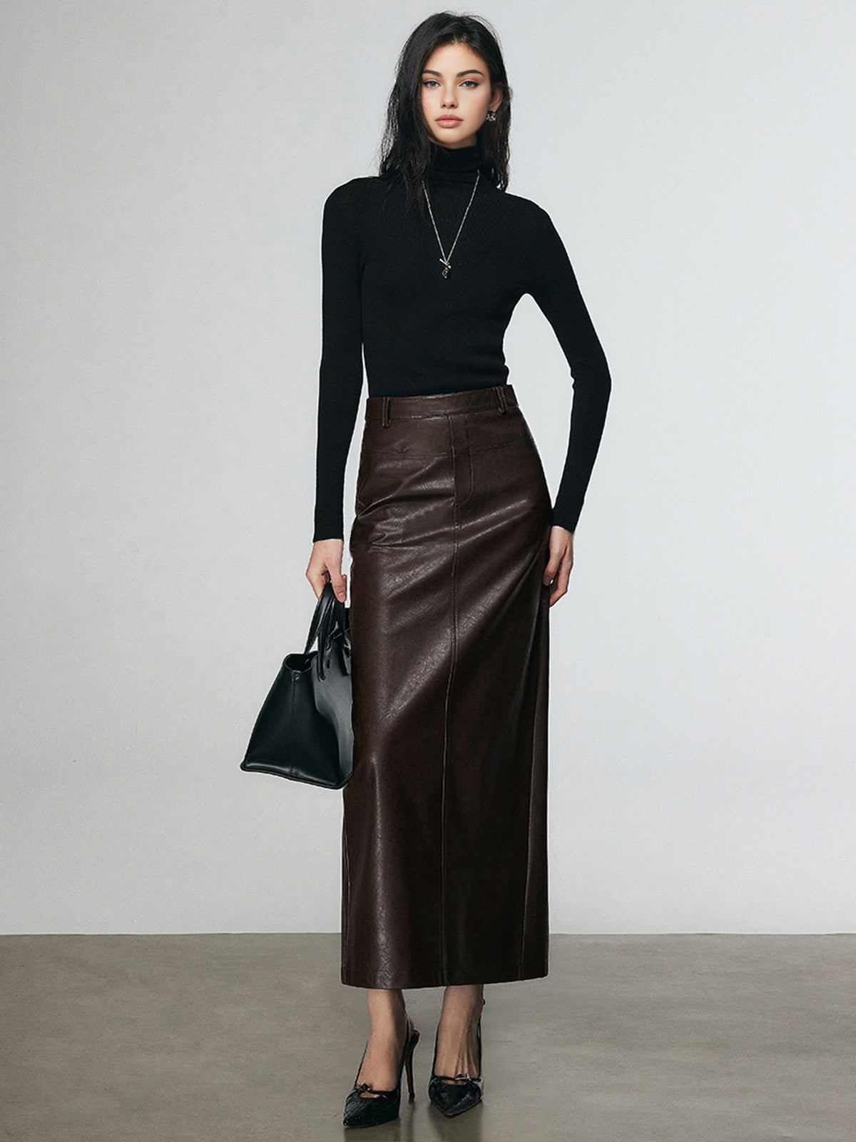 Faux Leather Split Midi Skirt