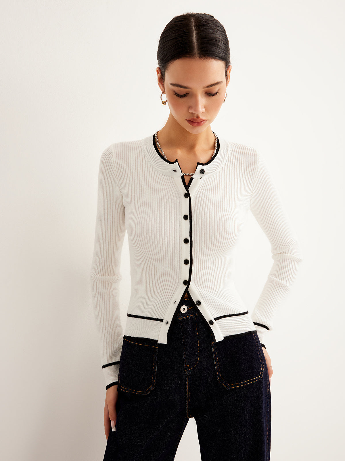 Contrast Binding Ribbed Button Cardigan