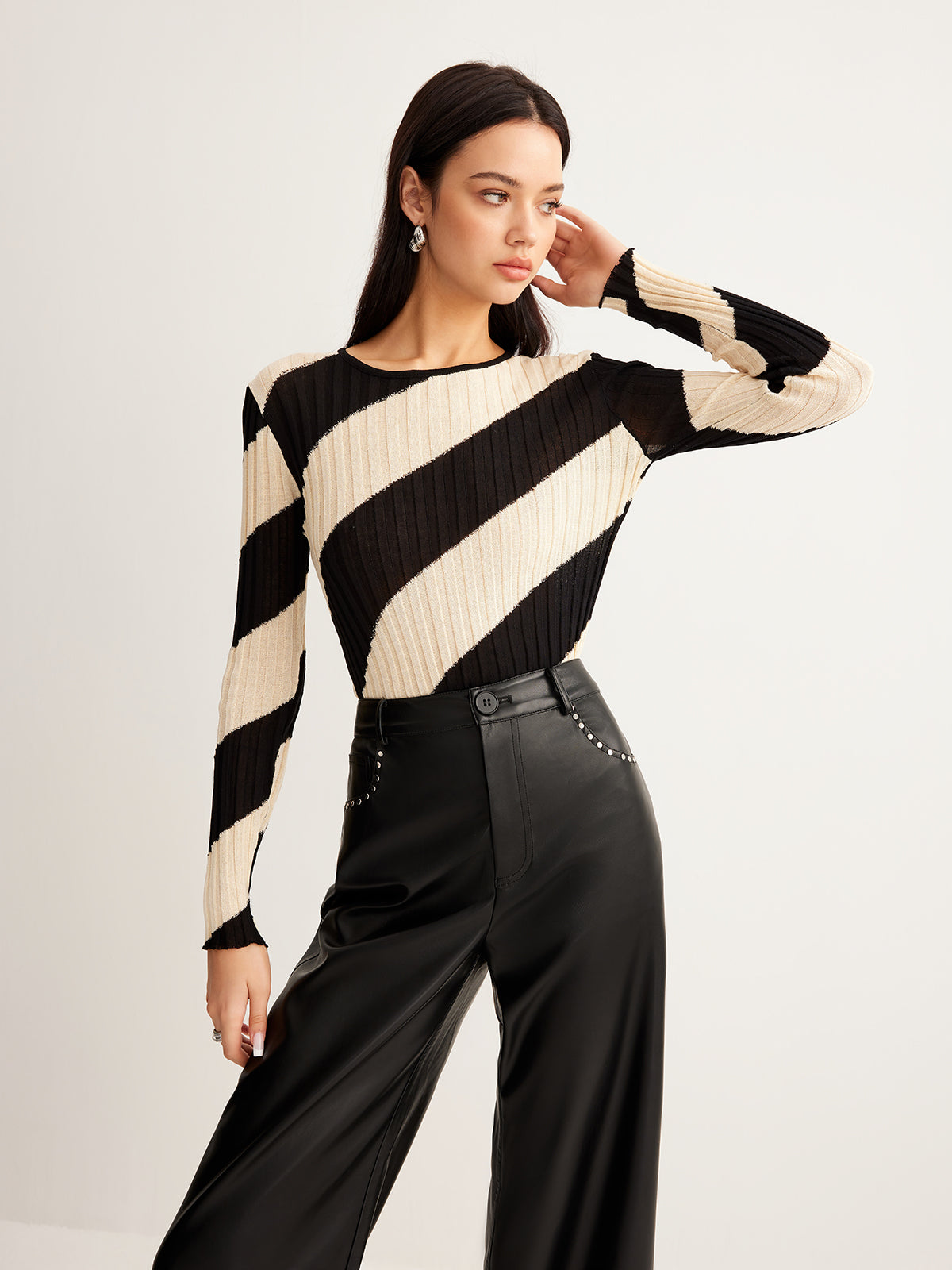 Asymmetrical Striped Slim Knit Top