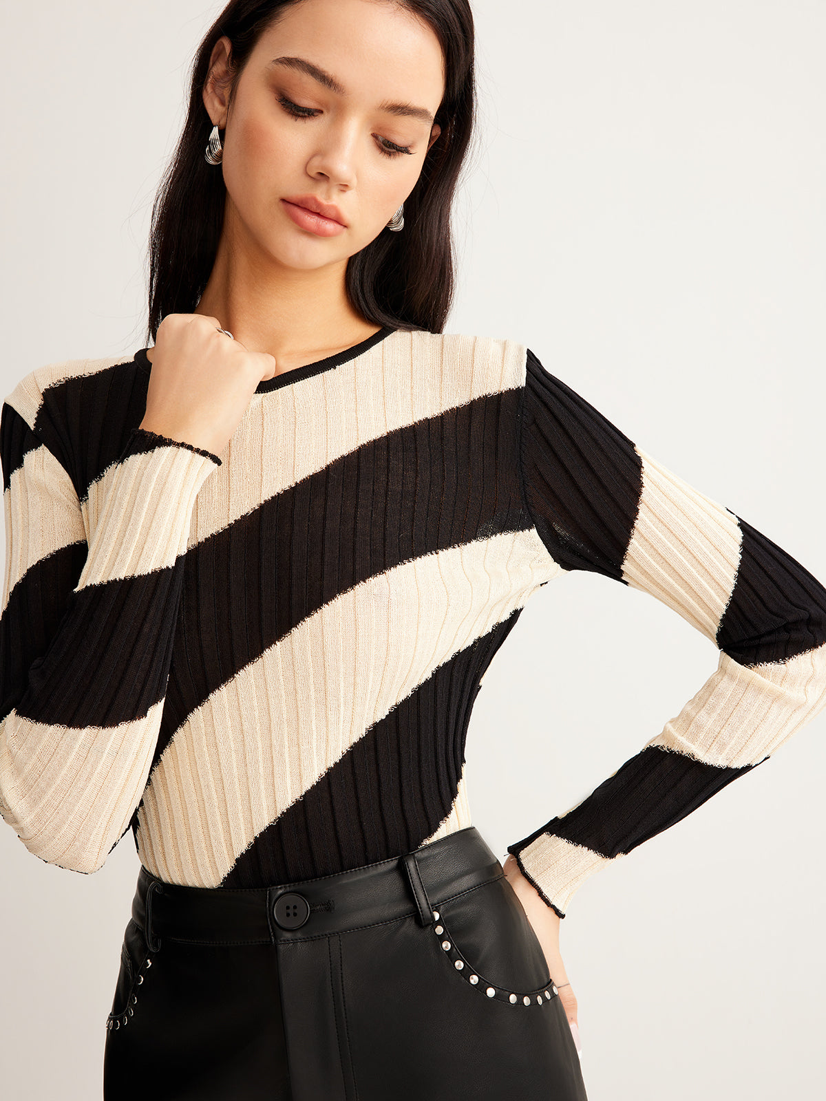 Asymmetrical Striped Slim Knit Top