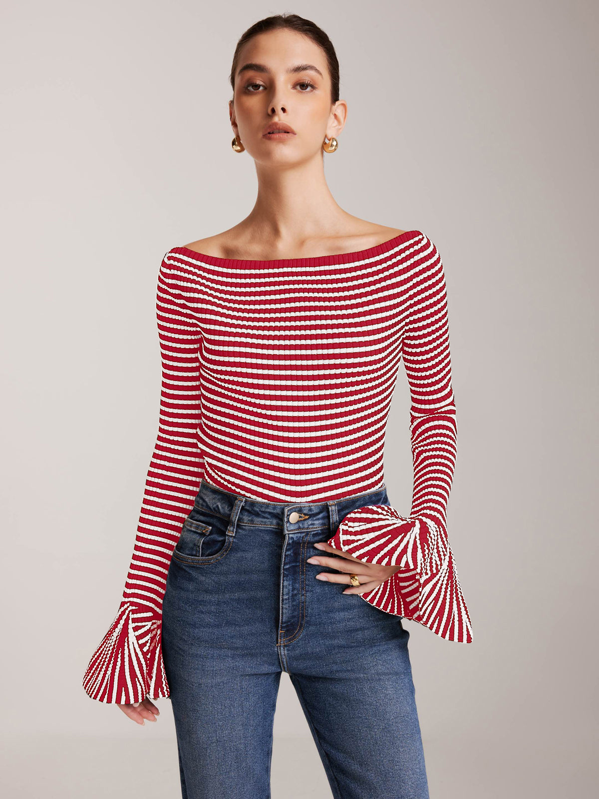 Striped Ruffle-Sleeve Knit Top