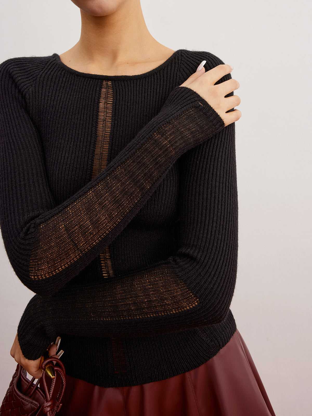 Sheer Panel Ribbed Slim Sweater